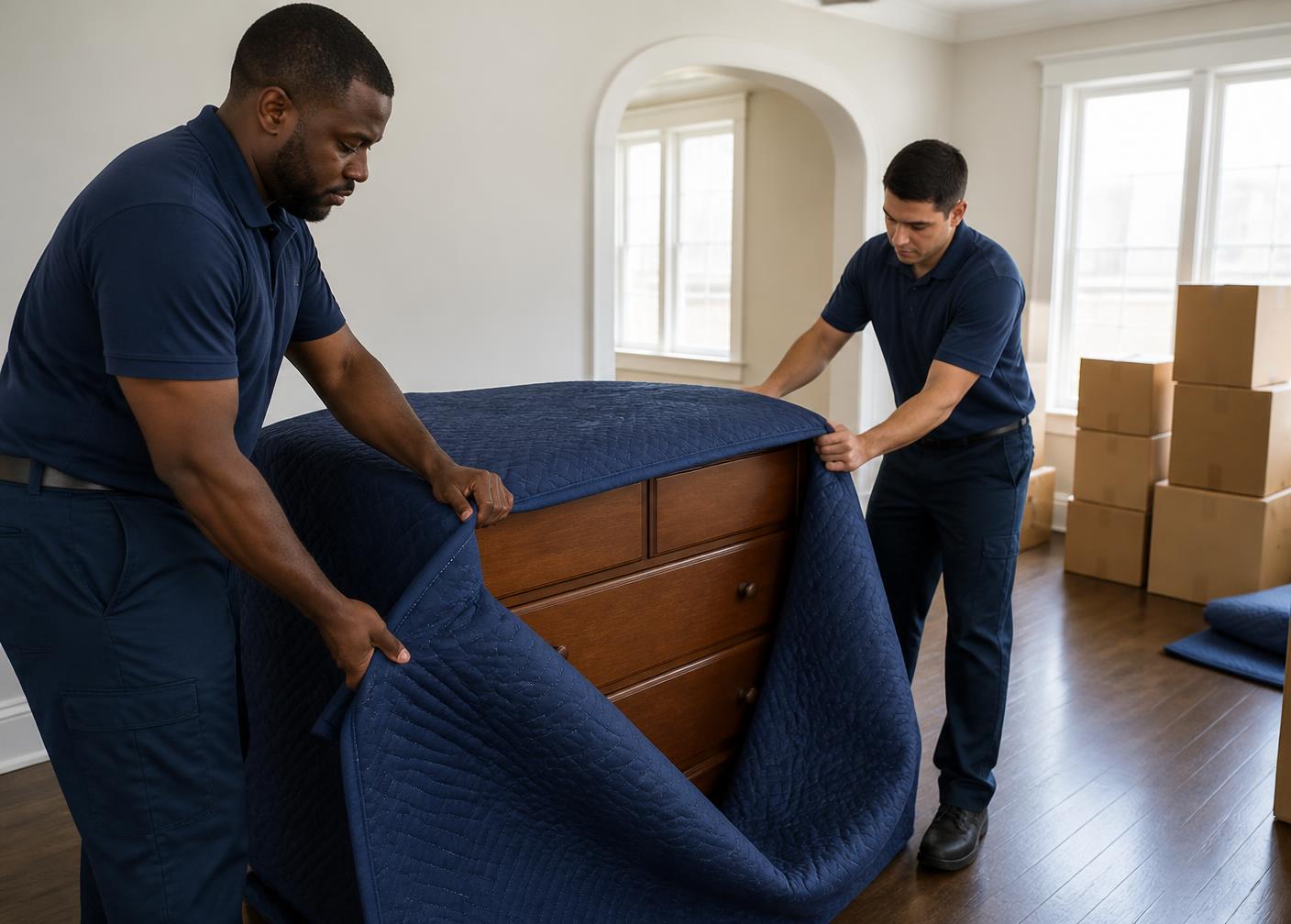 EZ Moving Group crew wrapping a dresser in moving blankets