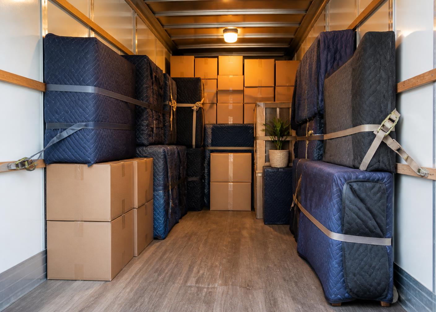 Household goods padded, strapped, and loaded in a moving trailer